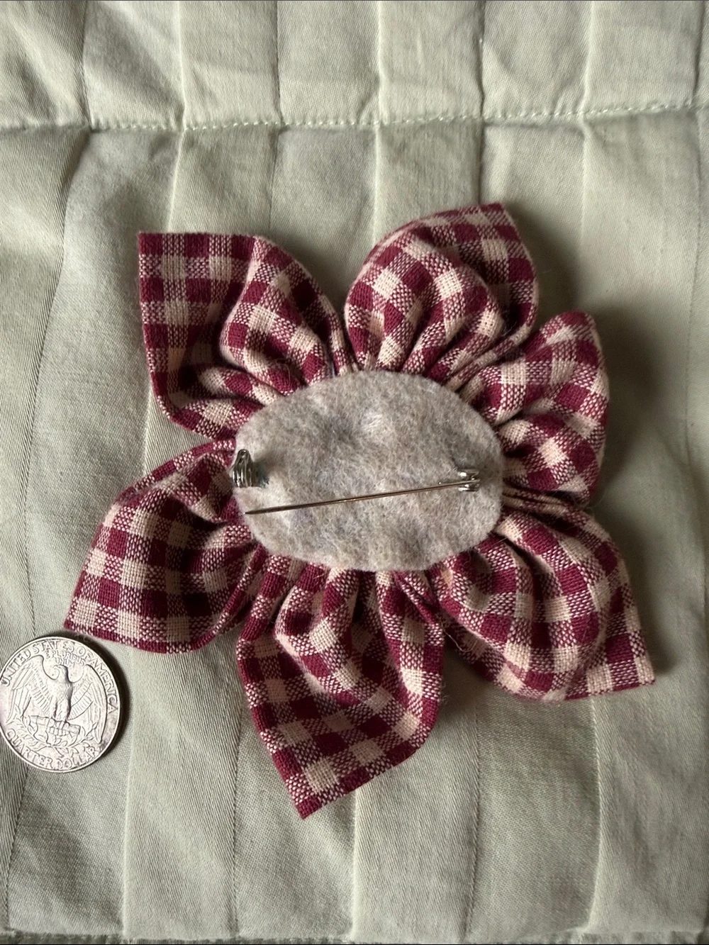 Handmade Burgundy Gingham Flower Brooch - Women Accessories